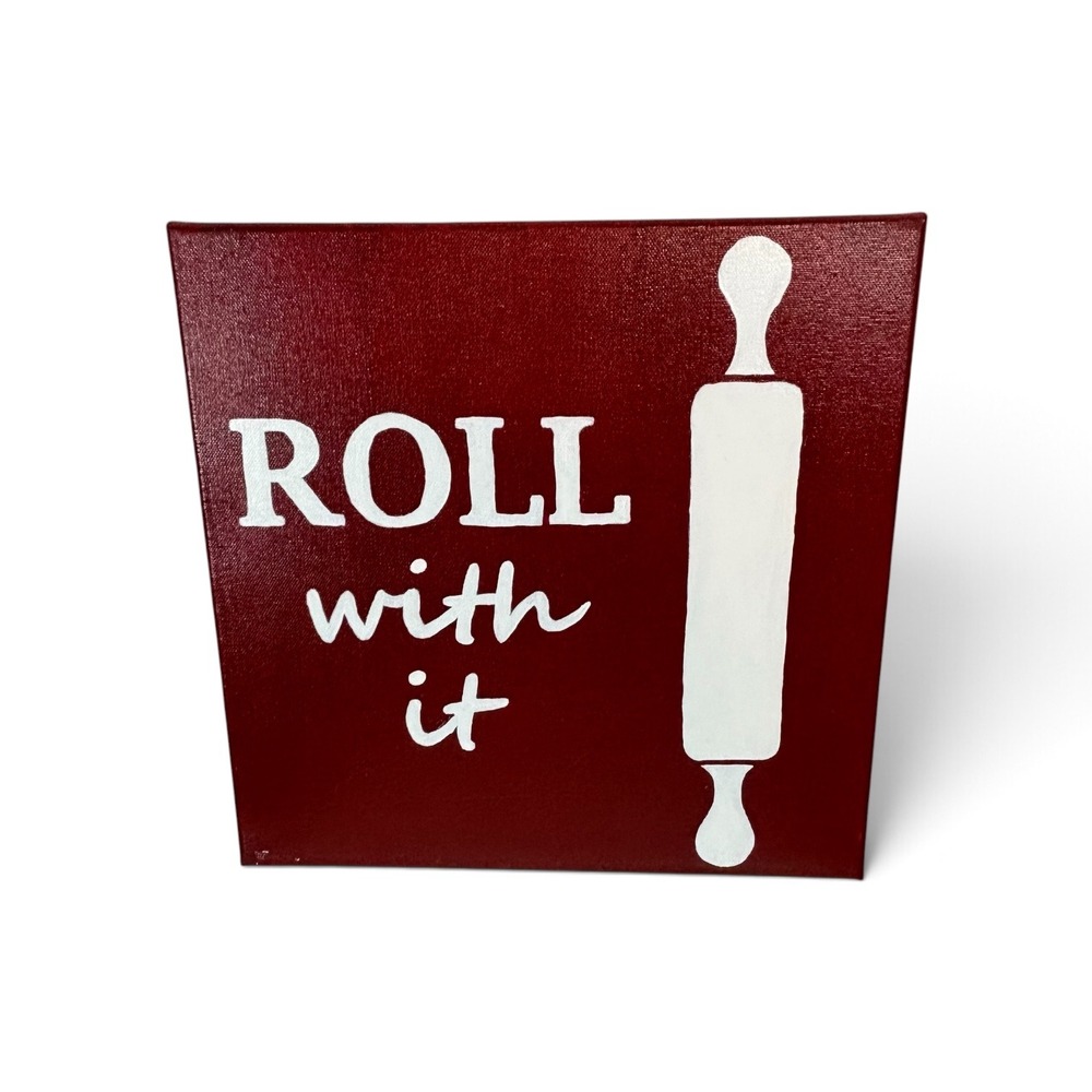 Roll With It Kitchen Wall Art Burgundy Red Canvas Rolling Pin Decor 12x12